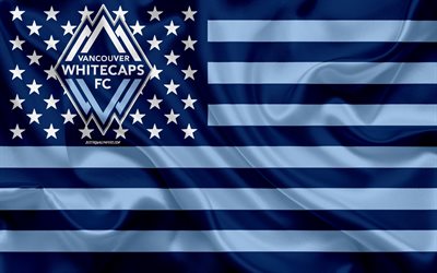 Vancouver Whitecaps FC, Canadian soccer club, American flag, blue flag, MLS, Vancouver, British Columbia, Canada, USA, logo, emblem, Major League Soccer, silk flag, soccer, football