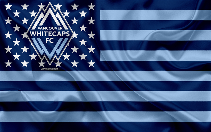 O Vancouver Whitecaps FC, Canadense de futebol do clube, Bandeira americana, bandeira azul, MLS, Vancouver, British Columbia, Canad&#225;, EUA, logo, emblema, Major League Soccer, seda bandeira, futebol