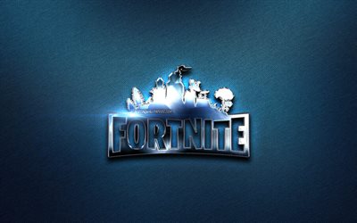 Fortnite metal logo, 2019 games, blue jeans background, Fortnite logo, creative, Fortnite