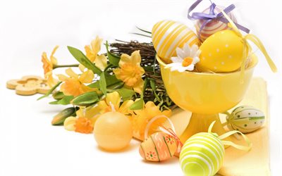 Yellow Easter eggs, white background, spring, Easter, yellow flowers, Easter background
