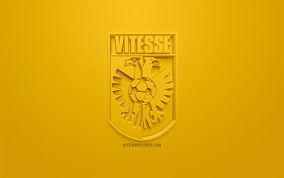 SBV Vitesse, creative 3D logo, yellow background, 3d emblem, Dutch football club, Eredivisie, Arnhem, Netherlands, 3d art, football, stylish 3d logo