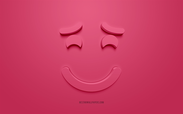 Smiling emoticon with raised eyebrows, 3d smiley, shy concepts, 3d icons, Smilling face 3d icon, pink background, creative 3d art, Emoji emoticons
