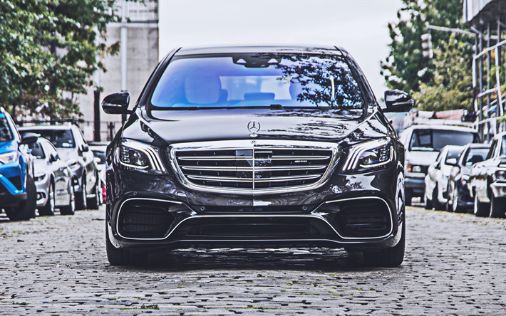 4k, AMG-Mercedes S63, vue de face, 2019 voitures, W222, voitures de luxe, de la rue, noir W222, Mercedes-Benz S-class, voitures allemandes, Mercedes