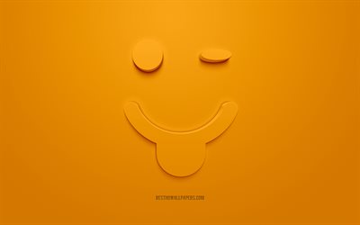 Ammiccanti 3d icona con la lingua, ammiccanti, icone smiley, sfondo arancione, arte 3d, 3d icone di emozione, strizza l&#39;occhio faccina con la lingua