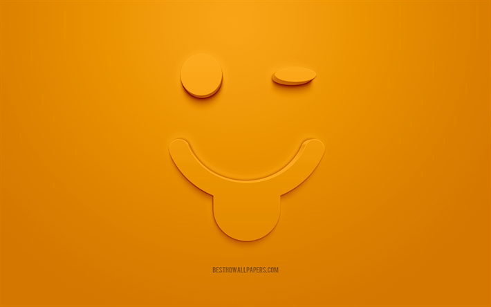 الغمز رمز 3d مع اللسان, الغمز الرموز مبتسم, الخلفية البرتقالية, الفن 3d, 3d رموز المشاعر, الغمز التعبيرات مع اللسان