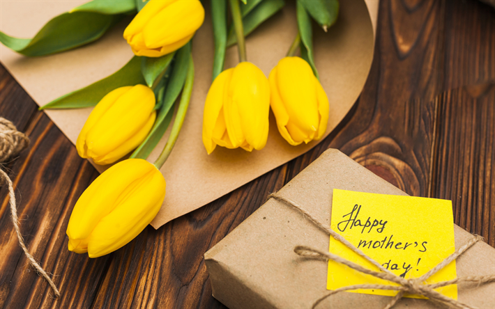 Download wallpapers Happy Mothers Day, yellow tulips, congratulations