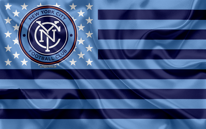 ニューヨーク市にFC, アメリカのサッカークラブ, アメリカのフラグ, ブルーフラッグ, MLS, ニューヨーク, 米国, ロゴ, エンブレム, 主要リーグサッカー, 絹の旗を, サッカー