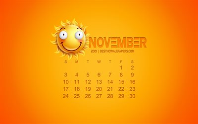 2019 November Calendar, creative art, yellow background, 3d sun emotion icon, calendar for November 2019, concepts, 2019 calendars, November