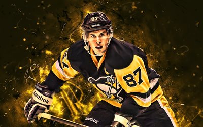 Sidney Crosby, close-up, hockey stars, Pittsburgh Penguins, NHL, hockey players, Sidney Patrick Crosby, hockey, neon lights, USA