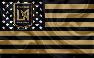 Los Angeles FC, American club de f&#250;tbol, bandera Estadounidense, color negro y oro de la bandera, de la MLS, Los Angeles, California, estados UNIDOS, logotipo, emblema de la Liga Mayor de F&#250;tbol, bandera de seda, f&#250;tbol