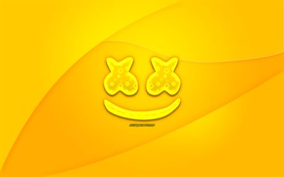 Marshmello sarı logo, fan art, american DJ, jelatinimsi logo, Christopher Comstock, Marshmello, sarı soyut arka plan, DJ Marshmello, DJ&#39;ler, Marshmello logosu
