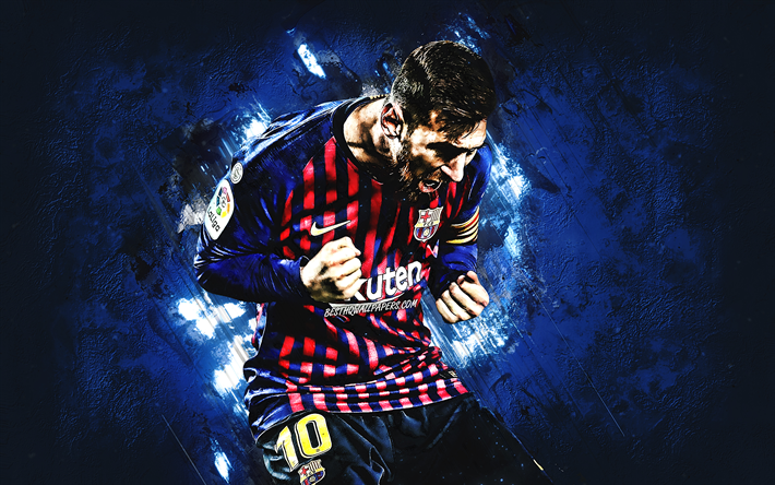 Lionel Messi, FC Barcelona, Argentine footballer, striker, goal, joy, La Liga, Spain, football star, blue stone background, creative art, Leo Messi, Barcelona