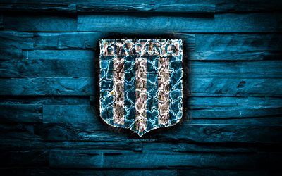 Racing FC, burning logo, Argentine Superleague, blue wooden background, Argentinean football club, Argentine Primera Division, Racing Club, football, soccer, Racing logo, Avellaneda, Argentina