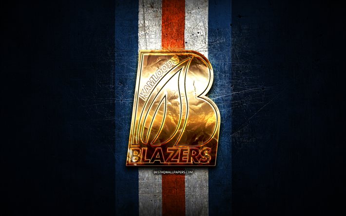 Kamloops Blazers, kultainen logo, WHL, blue metal -tausta, Kanadan j&#228;&#228;kiekkojoukkue, Kamloops Blazers -logo, j&#228;&#228;kiekko, Kanada