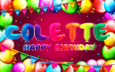 Feliz Anivers&#225;rio Colette, 4k, quadro de bal&#227;o colorido, nome Colette, fundo roxo, Colette Feliz Anivers&#225;rio, Colette Birthday, nomes femininos populares americanos, conceito de anivers&#225;rio, Colette