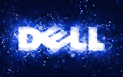 Dell dark blue logo, 4k, dark blue neon lights, creative, dark blue abstract background, Dell logo, brands, Dell