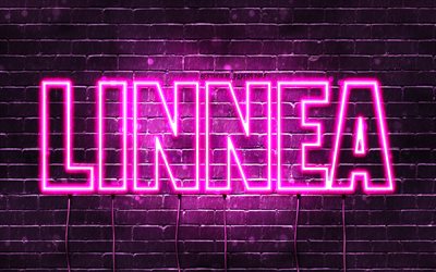 Linnea, 4k, fonds d&#39;&#233;cran avec noms, noms f&#233;minins, nom Linnea, n&#233;ons violets, joyeux anniversaire Linnea, pr&#233;noms f&#233;minins norv&#233;giens populaires, photo avec nom Linnea