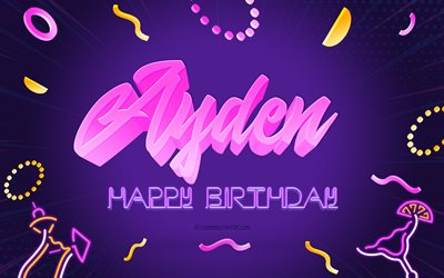 Happy Birthday Ayden, 4k, Purple Party Background, Ayden, creative art, Happy Ayden birthday, Ayden name, Ayden Birthday, Birthday Party Background