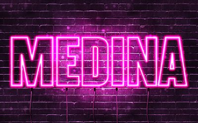 Medina, 4k, bakgrundsbilder med namn, kvinnliga namn, Medina namn, lila neonljus, Grattis p&#229; f&#246;delsedagen Medina, popul&#228;ra kazakiska kvinnliga namn, bild med Medina namn