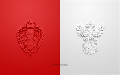 Belgium vs Russia, UEFA Euro 2020, Group A, 3D logos, red white background, Euro 2020, football match, Belgium national football team, Russia national football team