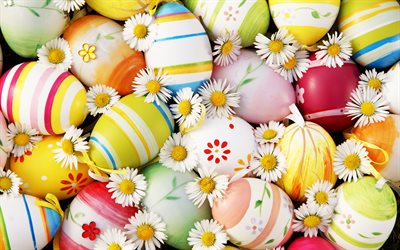 Påskägg, vår, kamomill, bakgrund med påskägg, dekorerade ägg, påsk