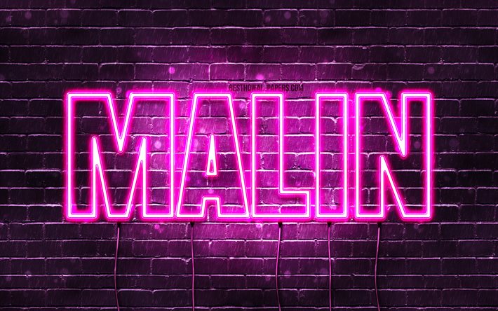 malin, 4k, hintergrundbilder mit namen, weibliche namen, malin-name, lila neonlichter, happy birthday malin, beliebte norwegische weibliche namen, bild mit malin-namen