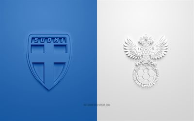 Finlandia vs Russia, UEFA Euro 2020, Gruppo A, loghi 3D, sfondo blu e bianco, Euro 2020, partita di calcio, squadra nazionale di calcio della Finlandia, squadra di calcio nazionale della Russia