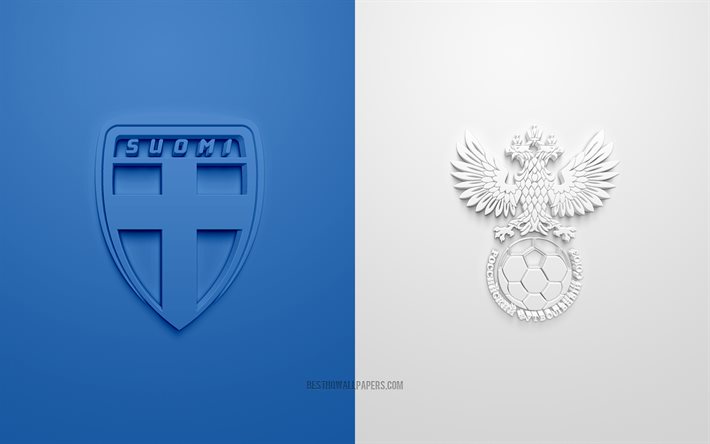 Finlandiya - Rusya, UEFA Euro 2020, Grup A, 3D logolar, mavi ve beyaz arka plan, Euro 2020, futbol ma&#231;ı, Finlandiya milli futbol takımı, Rusya milli futbol takımı