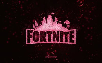 Fortnite glitter logotyp, svart bakgrund, Fortnite logotyp, rosa glitter konst, Fortnite, kreativ konst, Fortnite rosa glitter logotyp