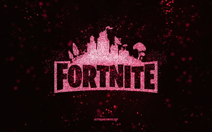 Fortnite glitter logo, black background, Fortnite logo, pink glitter art, Fortnite, creative art, Fortnite pink glitter logo