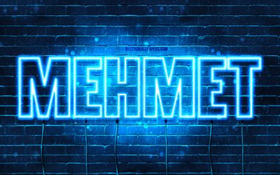 Mehmet, 4k, bakgrundsbilder med namn, Mehmet namn, bl&#229; neonljus, Grattis p&#229; f&#246;delsedagen Mehmet, popul&#228;ra turkiska manliga namn, bild med Mehmet namn