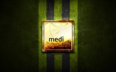 Medi Bayreuth, golden logo, BBL, green metal background, german basketball club, Basketball Bundesliga, Medi Bayreuth logo, basketball