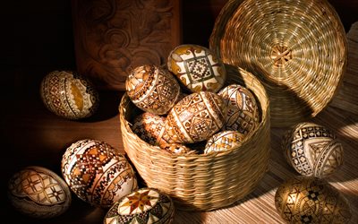 Uova di Pasqua ornamenti retr&#242;, arte retr&#242;, Pasqua, cesto con uova di Pasqua, primavera, vacanze
