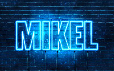 Mikel, 4k, pap&#233;is de parede com nomes, nome Mikel, luzes de n&#233;on azuis, Feliz Anivers&#225;rio Mikel, nomes masculinos espanh&#243;is populares, foto com o nome Mikel