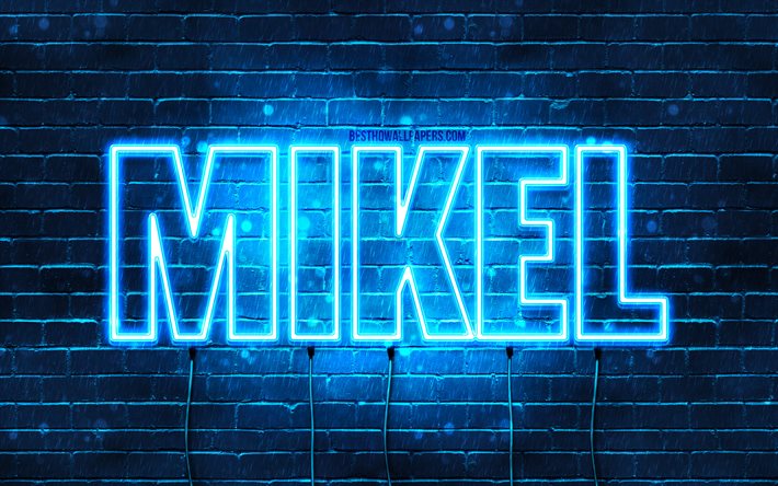 Mikel, 4k, fonds d&#39;&#233;cran avec des noms, nom de Mikel, n&#233;ons bleus, joyeux anniversaire Mikel, noms masculins espagnols populaires, photo avec le nom de Mikel
