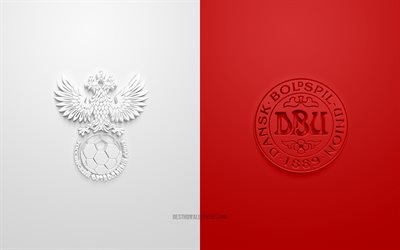 Rússia x Dinamarca, UEFA Euro 2020, Grupo A, logotipos 3D, fundo branco vermelho, Euro 2020, partida de futebol, seleção russa de futebol, seleção nacional de futebol da Dinamarca