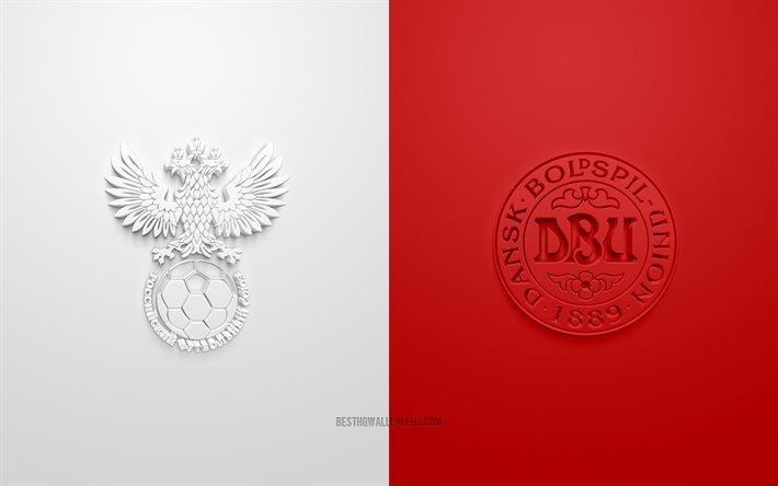 R&#250;ssia x Dinamarca, UEFA Euro 2020, Grupo A, logotipos 3D, fundo branco vermelho, Euro 2020, partida de futebol, sele&#231;&#227;o russa de futebol, sele&#231;&#227;o nacional de futebol da Dinamarca