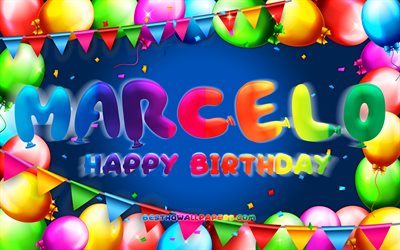 Buon compleanno Marcelo, 4k, cornice di palloncini colorati, nome Marcelo, sfondo blu, buon compleanno Marcelo, compleanno di Marcelo, nomi maschili americani popolari, concetto di compleanno, Marcelo