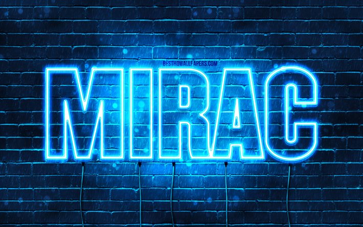 Mirac, 4k, isimli duvar kağıtları, Mirac adı, mavi neon ışıklar, Mutlu Yıllar Mirac, pop&#252;ler t&#252;rk erkek isimleri, Mirac isimli resim
