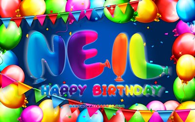 Feliz Anivers&#225;rio Neil, 4k, moldura de bal&#227;o colorido, Nome de Neil, fundo azul, Neil Feliz Anivers&#225;rio, Neil Anivers&#225;rio, nomes masculinos americanos populares, Conceito de anivers&#225;rio, Neil