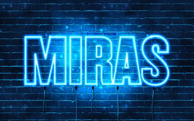 Miras, 4k, wallpapers with names, Miras name, blue neon lights, Happy Birthday Miras, popular kazakh male names, picture with Miras name