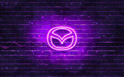 Logo viola Mazda, 4k, muro di mattoni viola, logo Mazda, marchi di automobili, logo neon Mazda, Mazda