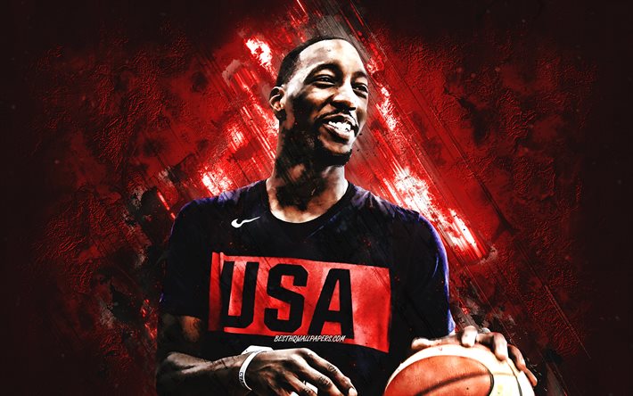 Bam Adebayo, USA national basketball team, USA, American basketball player, portrait, United States Basketball team, red stone background