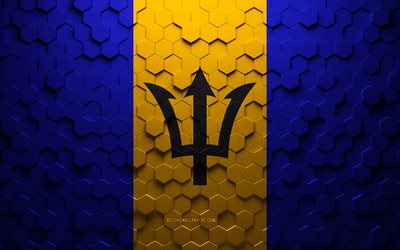 Bandeira de Barbados, arte em favo de mel, bandeira hex&#225;gonos de Barbados, Barbados, arte em hex&#225;gonos 3D, bandeira de Barbados
