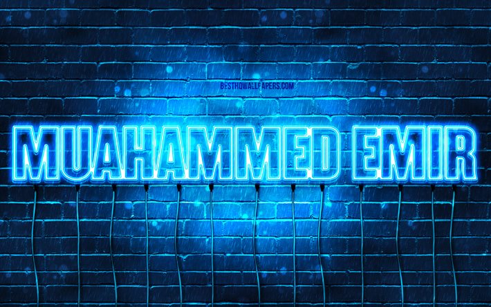 Muahammed Emir, 4k, wallpapers with names, Muahammed Emir name, blue neon lights, Happy Birthday Muahammed Emir, popular turkish male names, picture with Muahammed Emir name