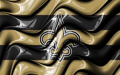 Bandiera di New Orleans Saints, 4k, onde 3D marroni e nere, NFL, squadra di football americano, logo di New Orleans Saints, football americano, New Orleans Saints