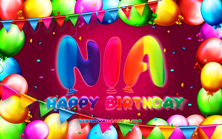 Buon compleanno Nia, 4k, cornice palloncino colorato, nome Nia, sfondo viola, buon compleanno Nia, compleanno Nia, nomi femminili americani popolari, concetto di compleanno, Nia