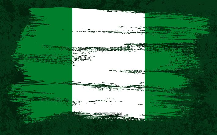 4k, bandiera della Nigeria, bandiere del grunge, paesi africani, simboli nazionali, tratto di pennello, bandiera nigeriana, arte grunge, Africa, Nigeria