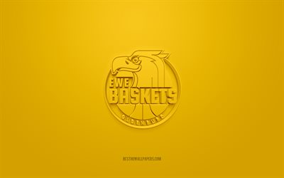 Baskets Oldenburg, logotipo 3D criativo, fundo amarelo, BBL, emblema 3D, German Basketball Club, Basketball Bundesliga, Oldenburg, Alemanha, arte 3D, futebol, Baskets Oldenburg 3d logo