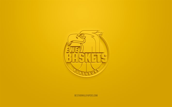 Baskets Oldenburg, creative 3D logo, yellow background, BBL, 3d emblem, German Basketball Club, Basketball Bundesliga, Oldenburg, Germany, 3d art, football, Baskets Oldenburg 3d logo